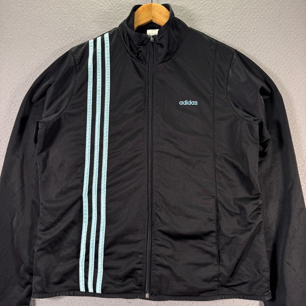 Vintage Adidas Track Jacket Womens Large‎ Black Blue Full Zip Mock Neck Comfort